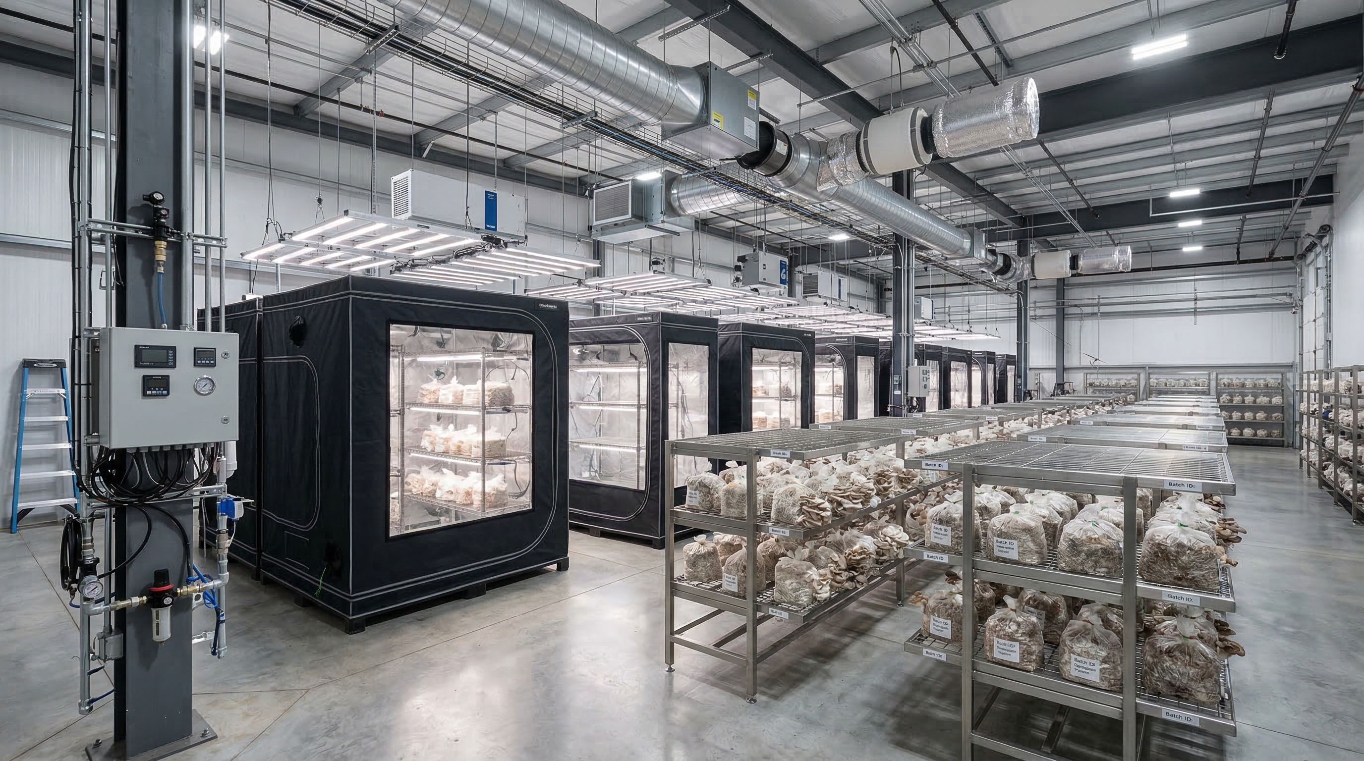 Commercial mushroom growing room with grow tents, climate control equipment, and cultivation racks