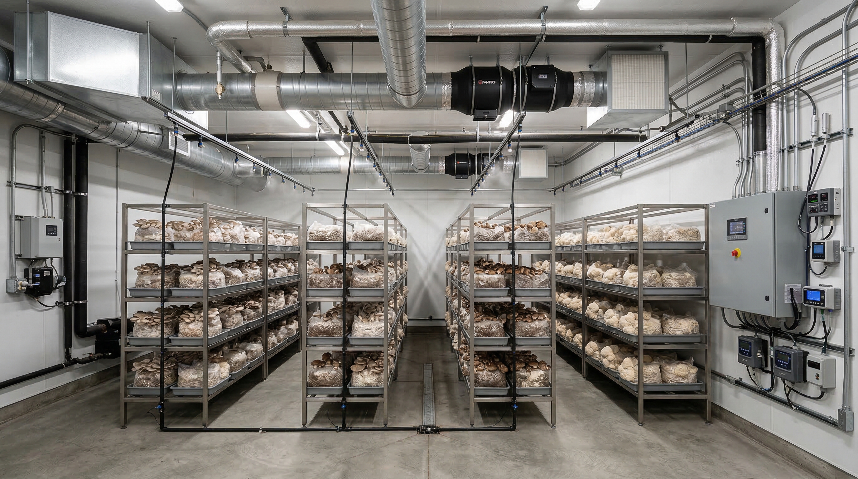 Commercial mushroom growing room with shelving, climate control ducting, and control equipment